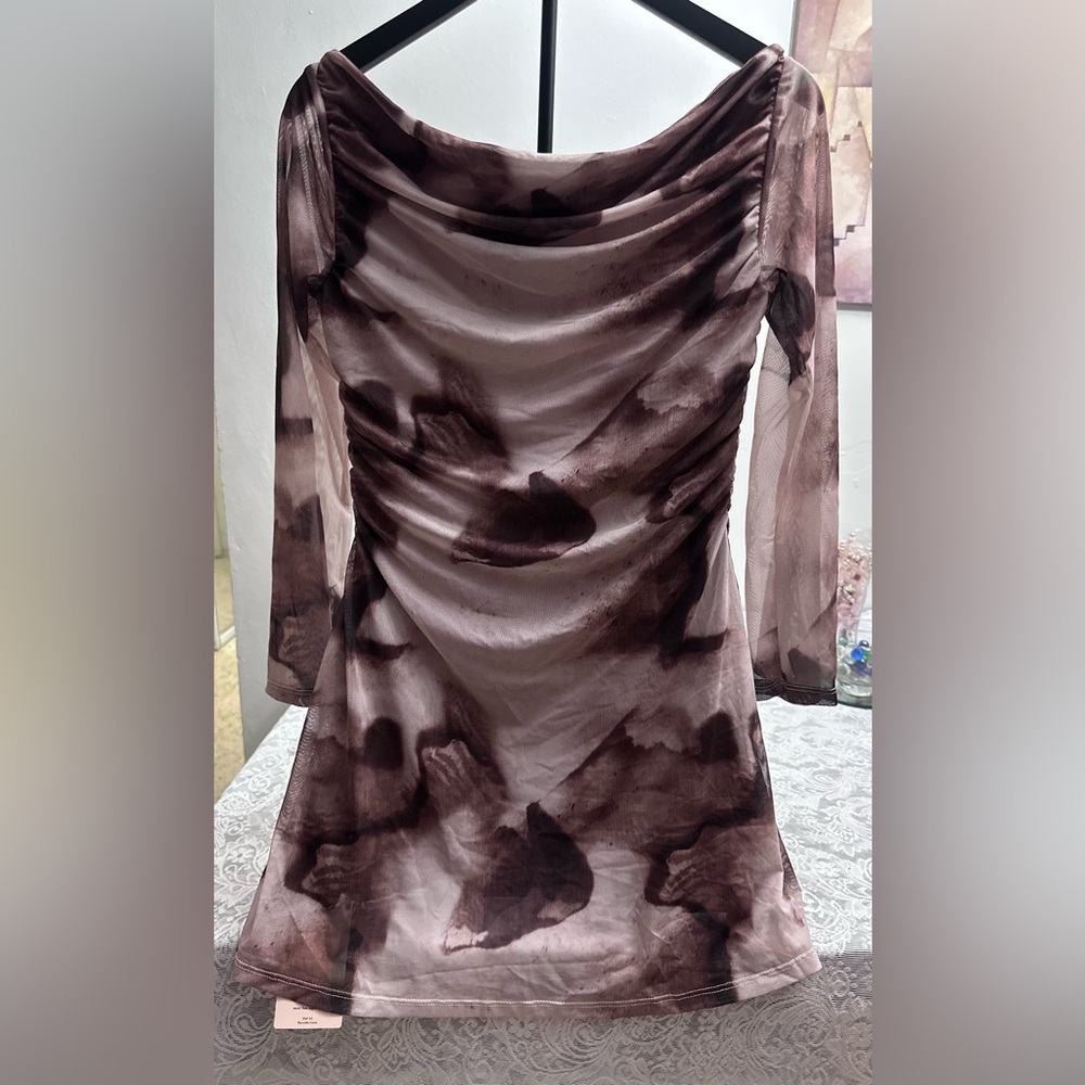 NWT SHEIN Curve Mesh Bodycon Dress 0XL Brown Cream Tie Dye